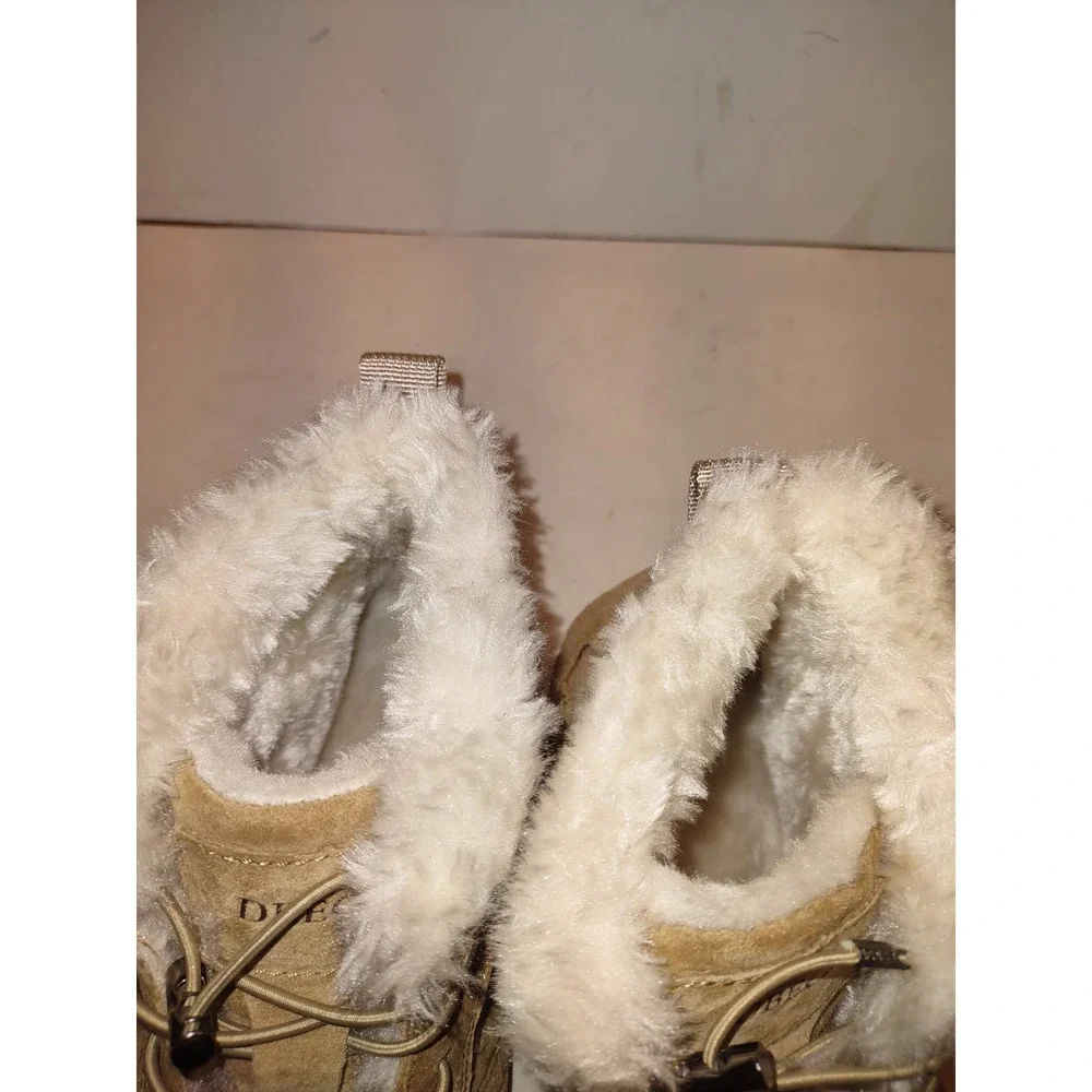 DBECK Tan Suede Fur Lined Ankle Boots Women Lace Up Winter Warm Shoes, Workwear